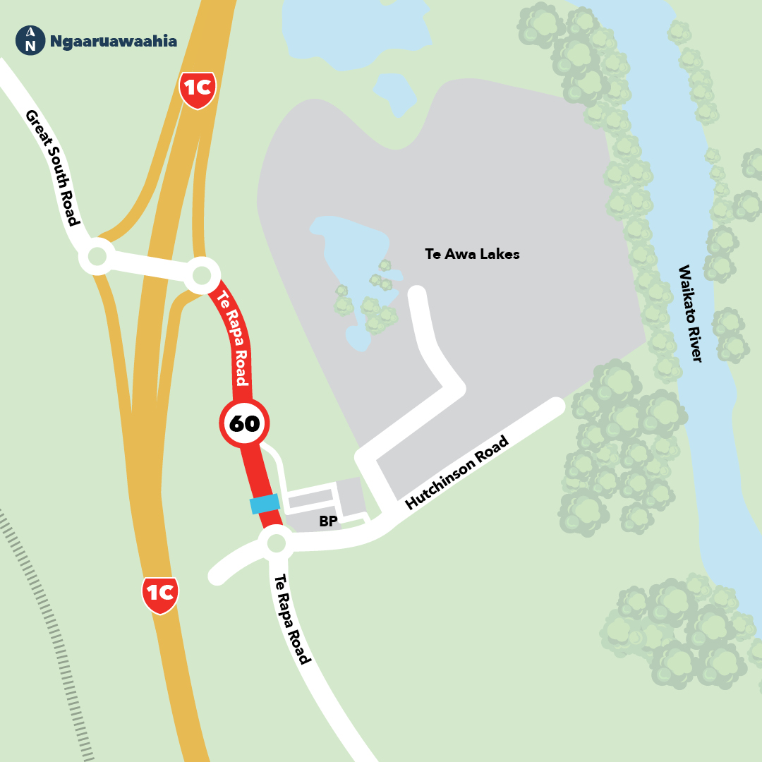 Map shows section of Te Rapa Rd proposed for speed limit change (in red) and new signalised pedestrian crossing (blue rectangle)