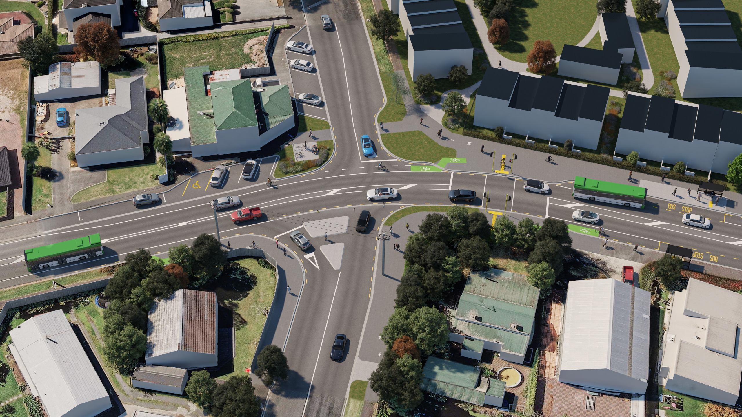 Option 3 No right turn out of East Street. Visualisation image overlay of the proposed improvements at East/Peachgrove intersection.