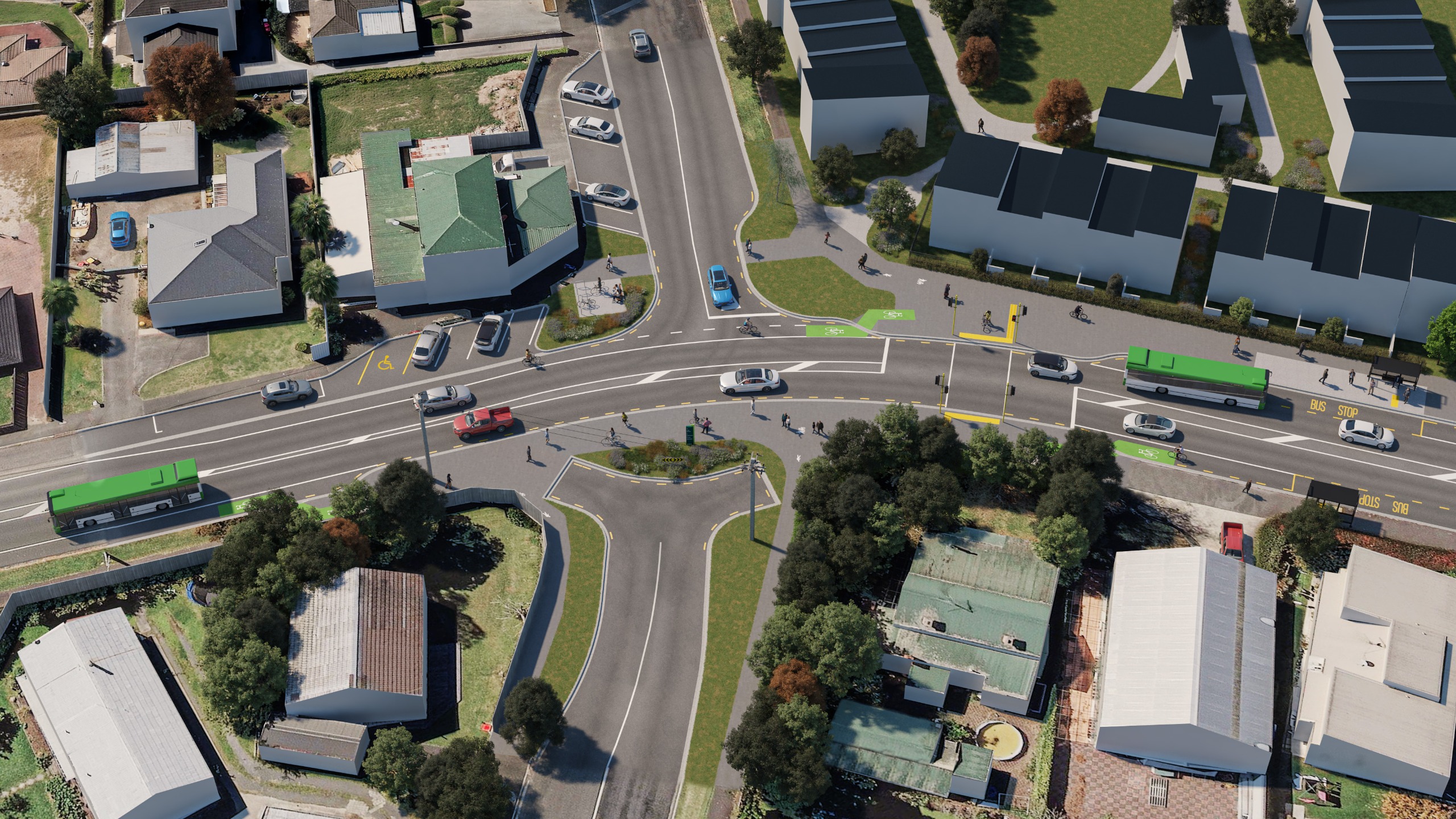 Option 1 full closure and cul-de-sac of East Street. Visualisation image overlay of the proposed improvements at East/Peachgrove intersection.